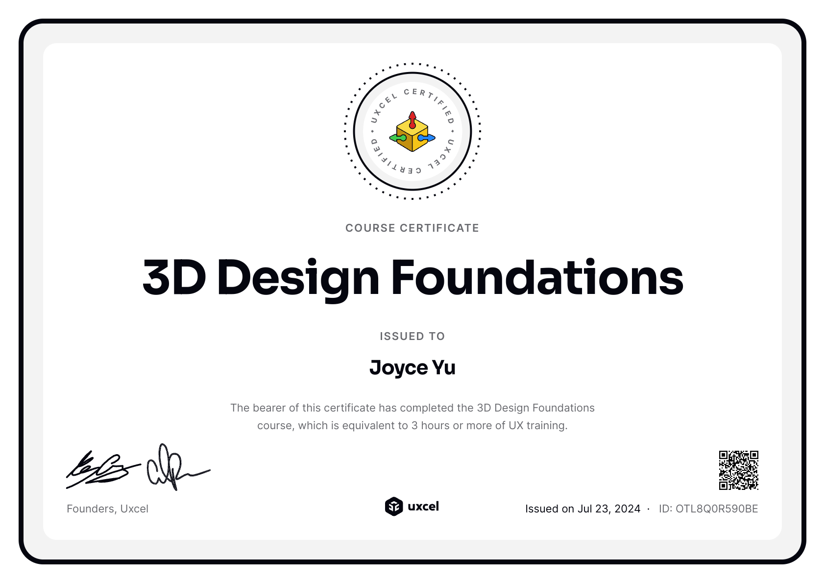 Joyce Yu's certificate